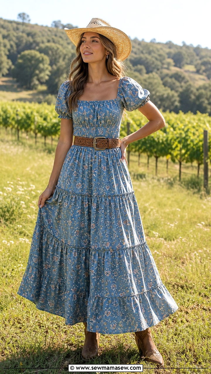 Western Maxi Dress with Straw Cowboy Hat - 40 western outfits for women