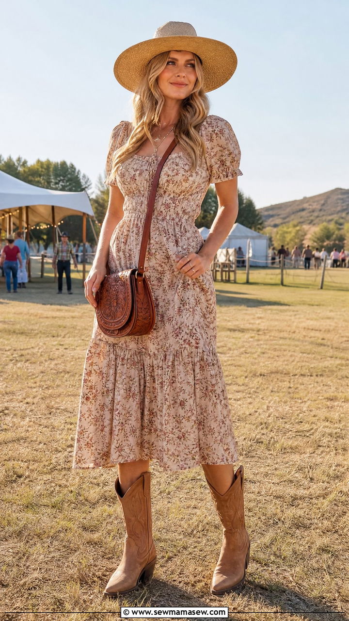 Western Midi Dress With Cowboy Boots - 35 midi dress outfit ideas for women