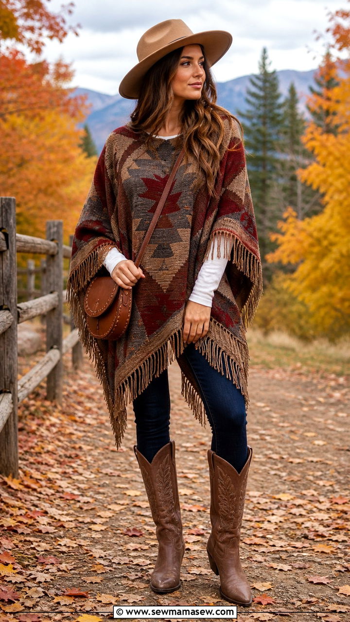 Western Poncho with Skinny Jeans and Cowboy Boots - 40 western outfits for women
