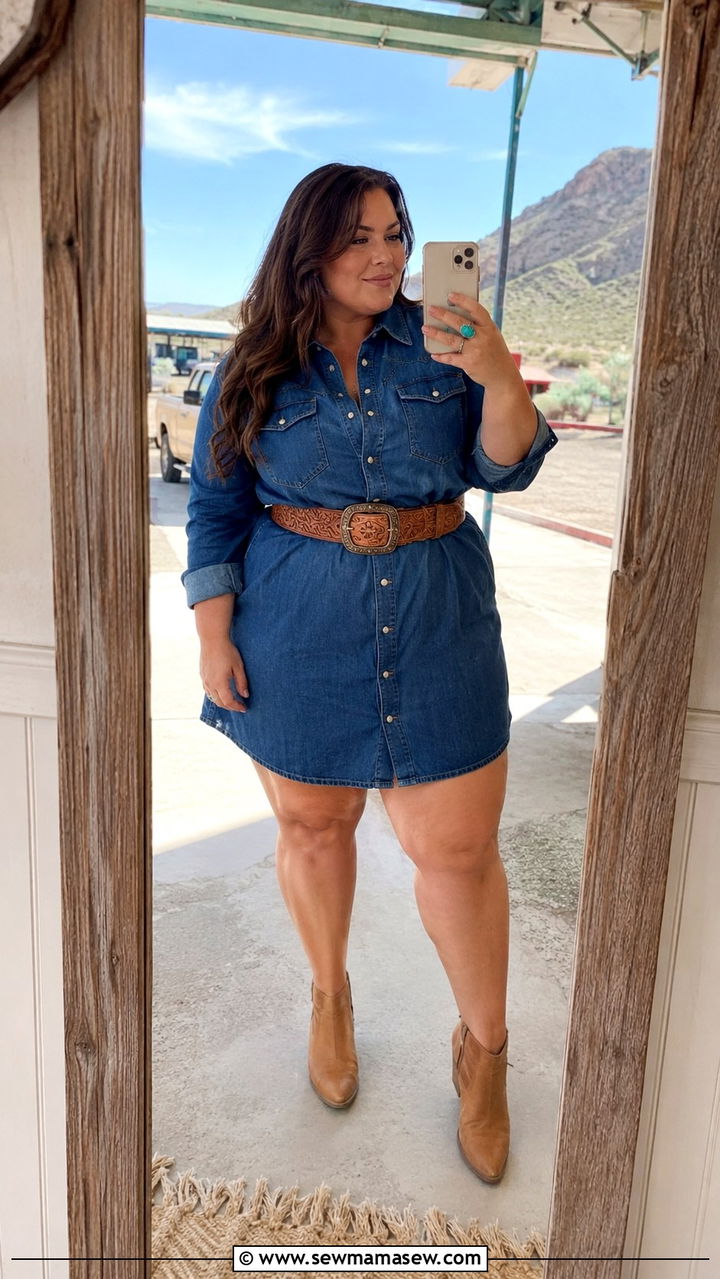Western Shirt Dress With Statement Belt - 25 Western outfit ideas plus size