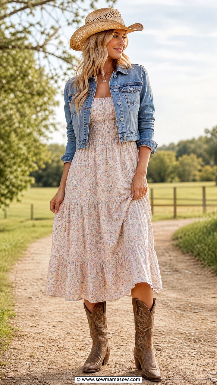 Western Sundress with Cropped Denim Jacket Outfit - 30 Country spring outfits