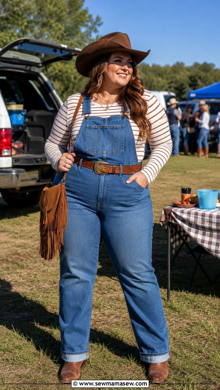 Western belt with denim overalls and cowgirl booties outfit - 30 Plus size tailgate outfit ideas