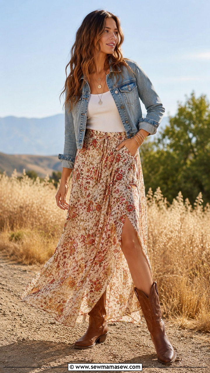 Western boots with maxi skirt and denim jacket - 30 transitional boots outfit ideas