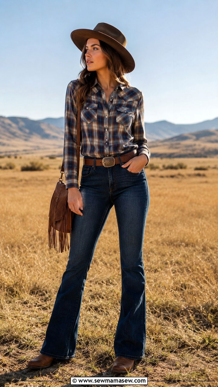 Western pearl snap button down with bootcut jeans - 25 Bootcut jeans outfit ideas with a button down