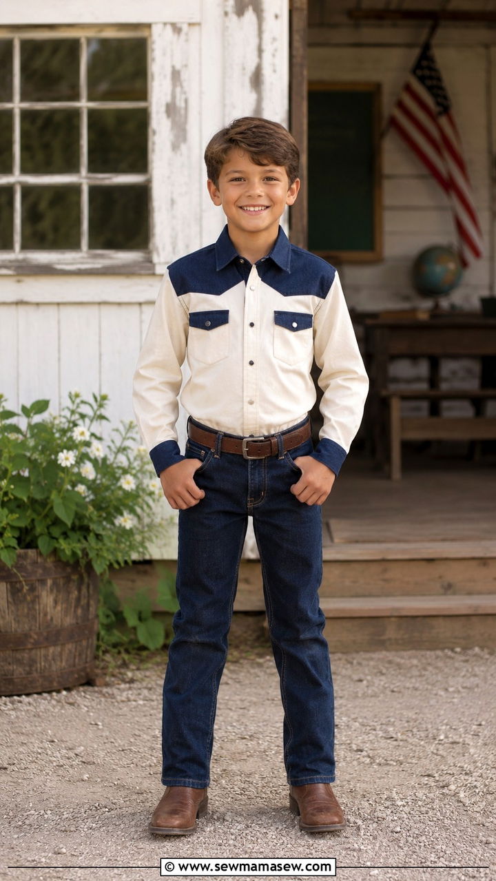Western shirt with straight leg jeans outfit - 30 Kids back to school outfit ideas