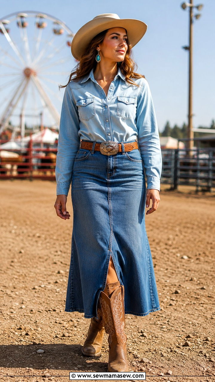 Western snap shirt long denim skirt with cowboy boots - 30 Long denim skirt outfit ideas with cowboy boots