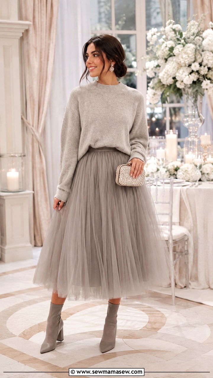 Whimsical Tulle Skirt With Cashmere Sweater - 25 wedding guest outfits for women with big bust
