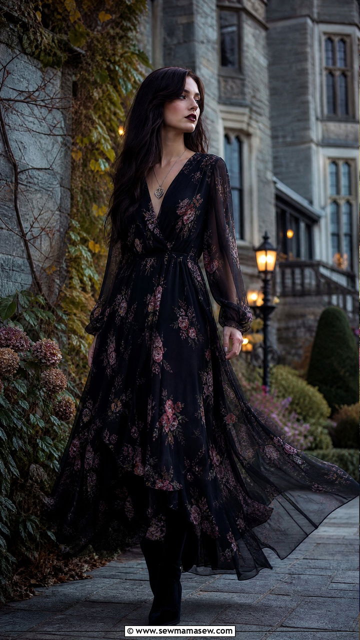 Whimsigoth Dark Floral Maxi Dress - 30 fairycore outfits for women