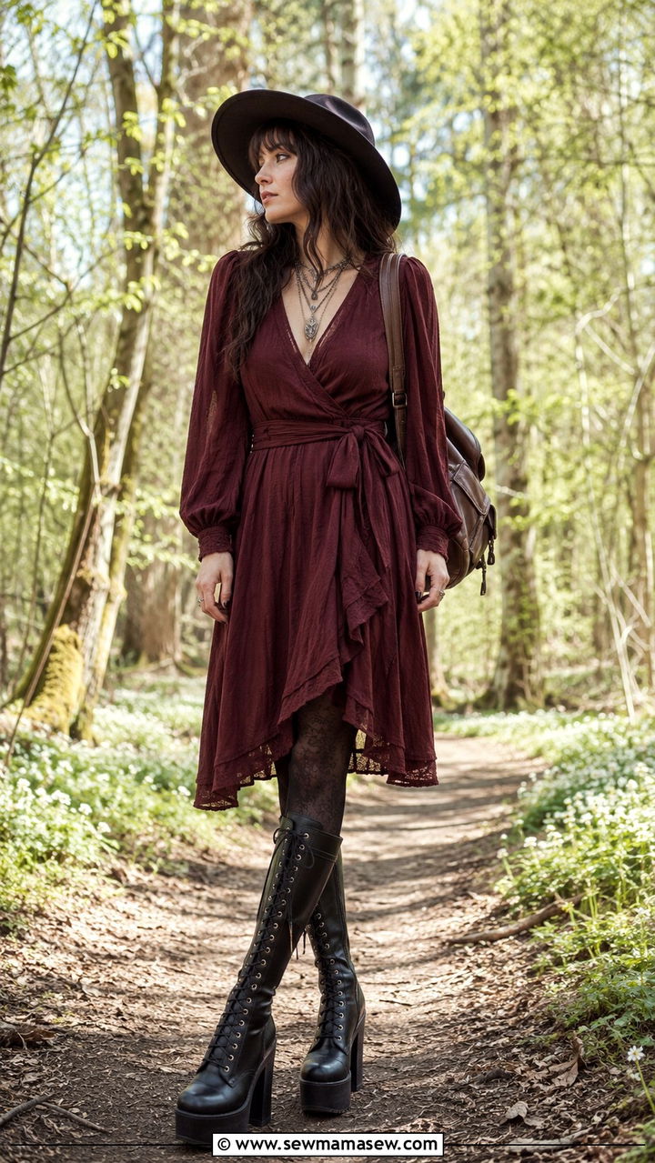 Whimsigoth Wrap Dress with Platform Boots - 30 Mysterious spring outfit ideas
