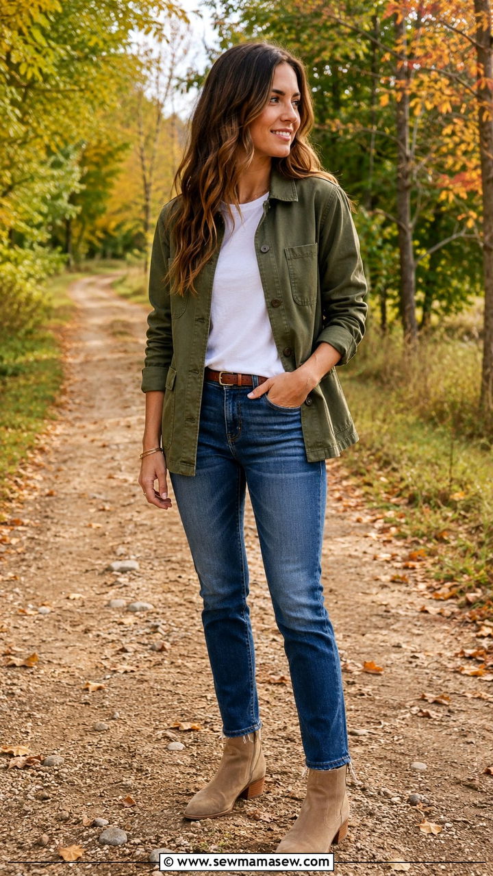 Whiskered Jeans with a Chore Jacket and Ankle Boots - 30 transitional jeans outfit ideas