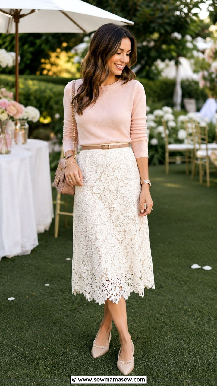 Whisper Thin Cashmere Crewneck with Lace Midi Skirt - 30 transitional skirt outfit ideas