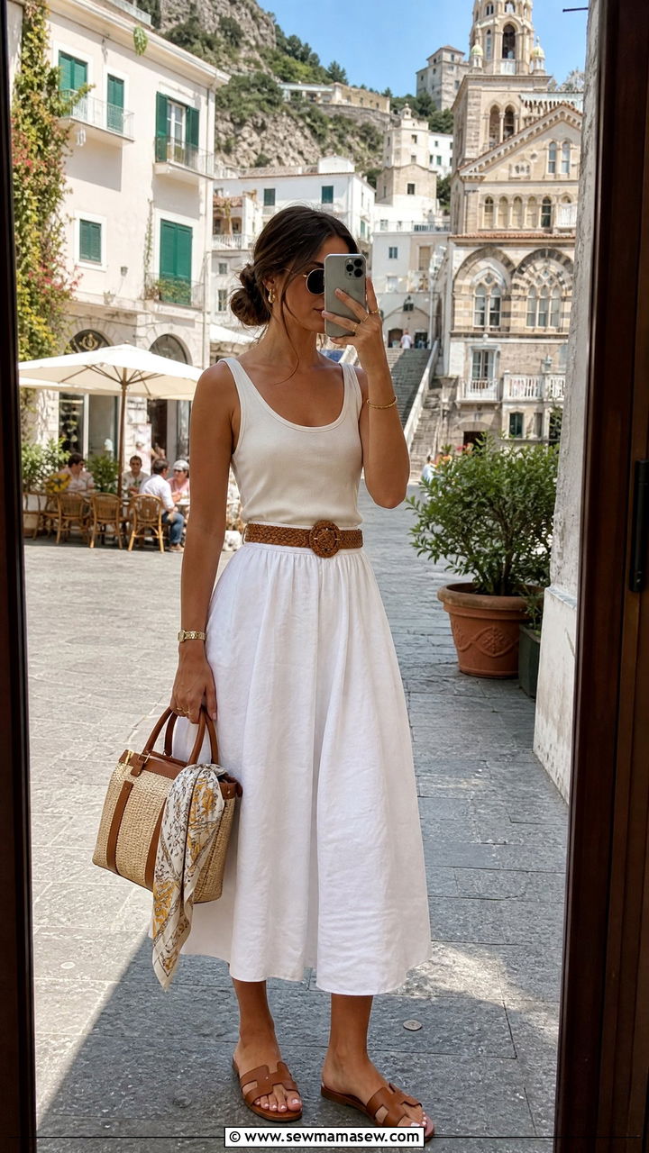White A Line Skirt With Simple Tank and Tan Sandals - 40 What to wear in Amalfi Coast