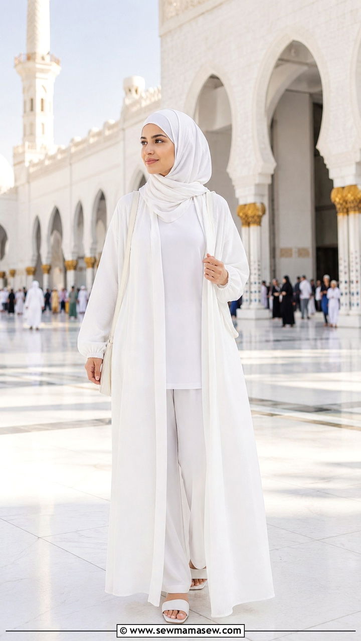 White Abaya Set for Umrah - 30 Modest outfit ideas for Umrah