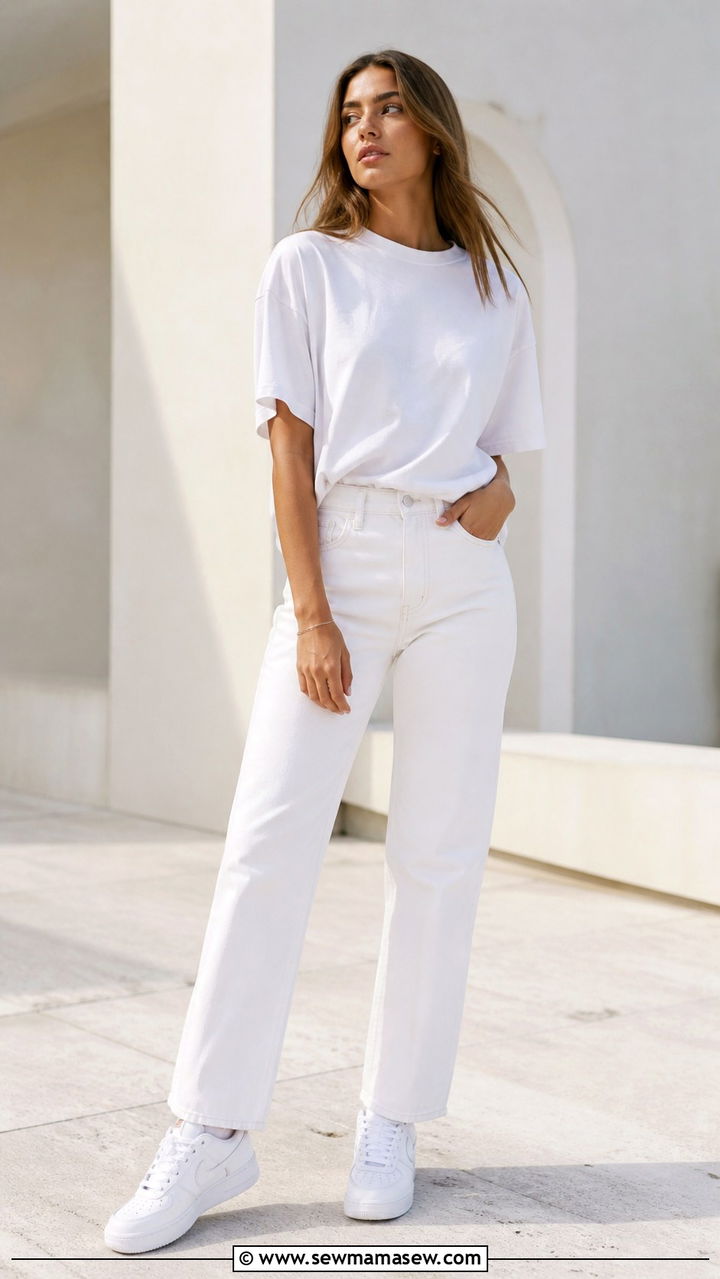 White Air Force 1 with white on white outfit - 40 Nike Air Force 1 outfit ideas