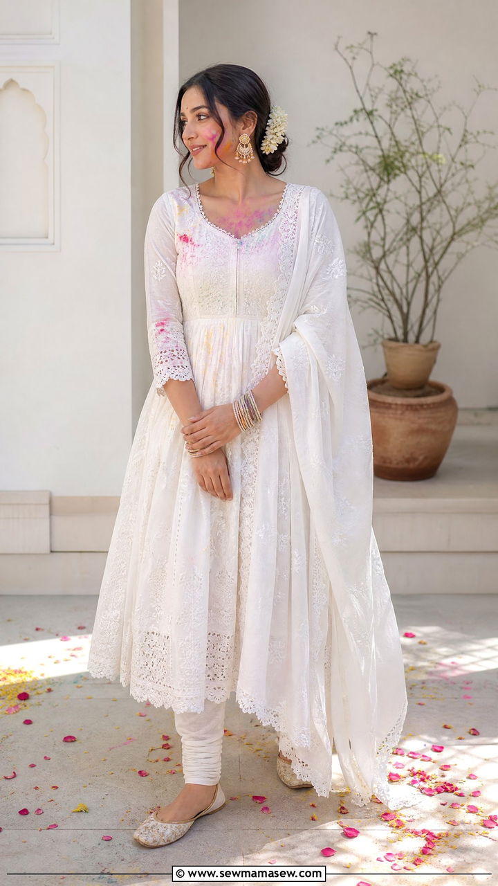 White Anarkali Suit Holi Outfit - 25 Holi outfit ideas