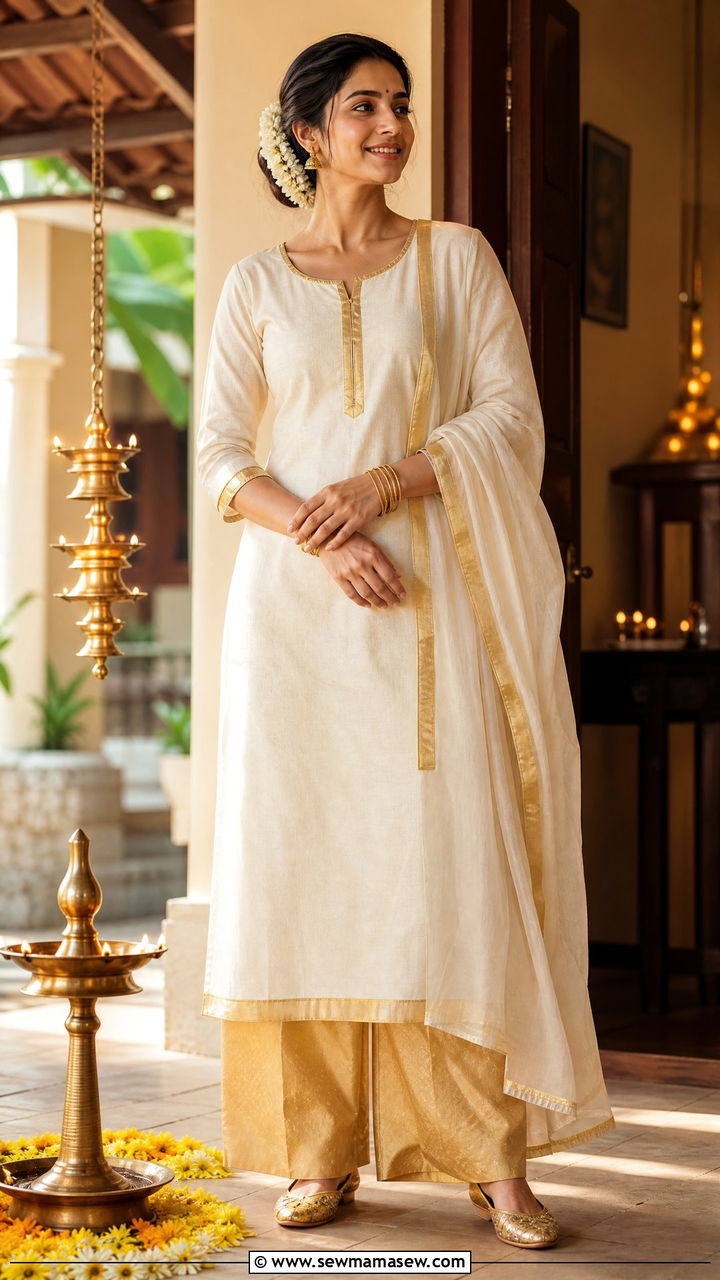 White And Gold Kurta Set For Vishu - 25 Kerala outfit ideas