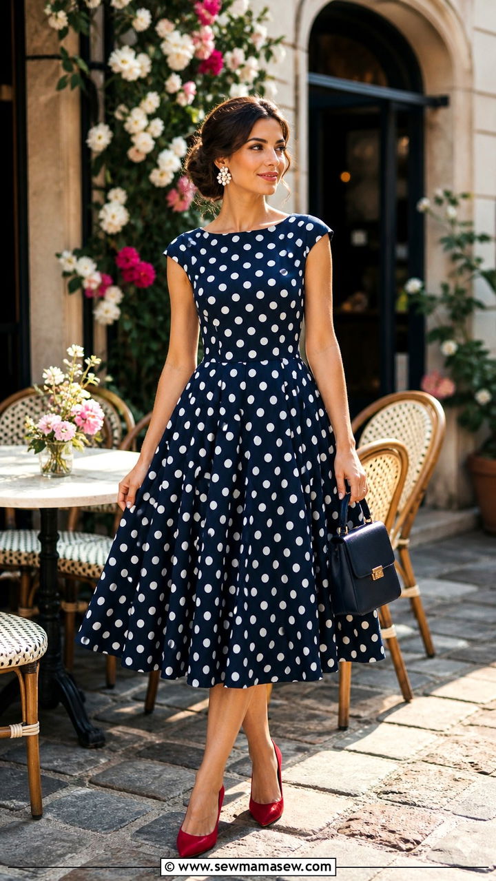 White And Navy Polka Dot Midi Dress Wedding Guest - 40 classy wedding guest outfit ideas