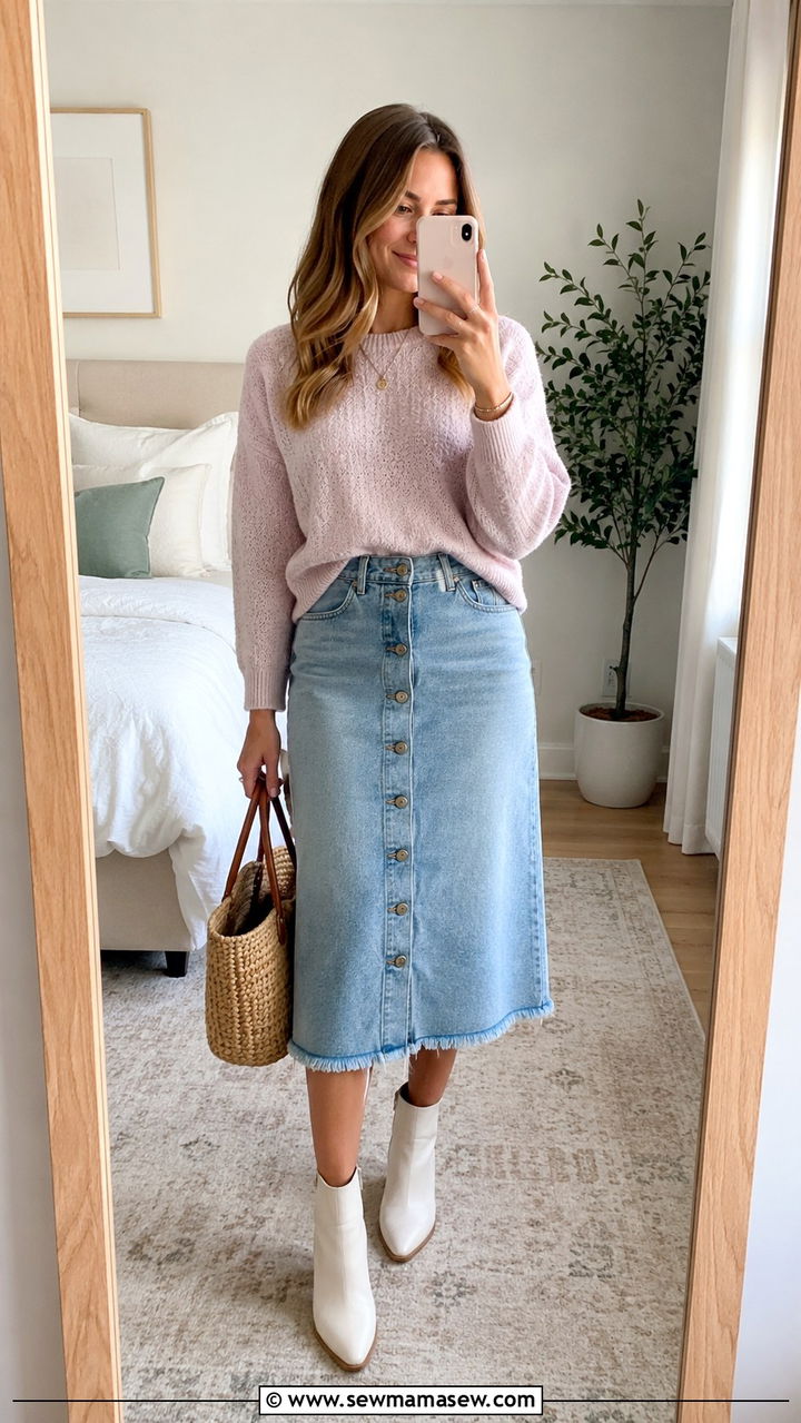 White Ankle Boots with a Denim Skirt and Lightweight Sweater - 30 How to style ankle boots in spring