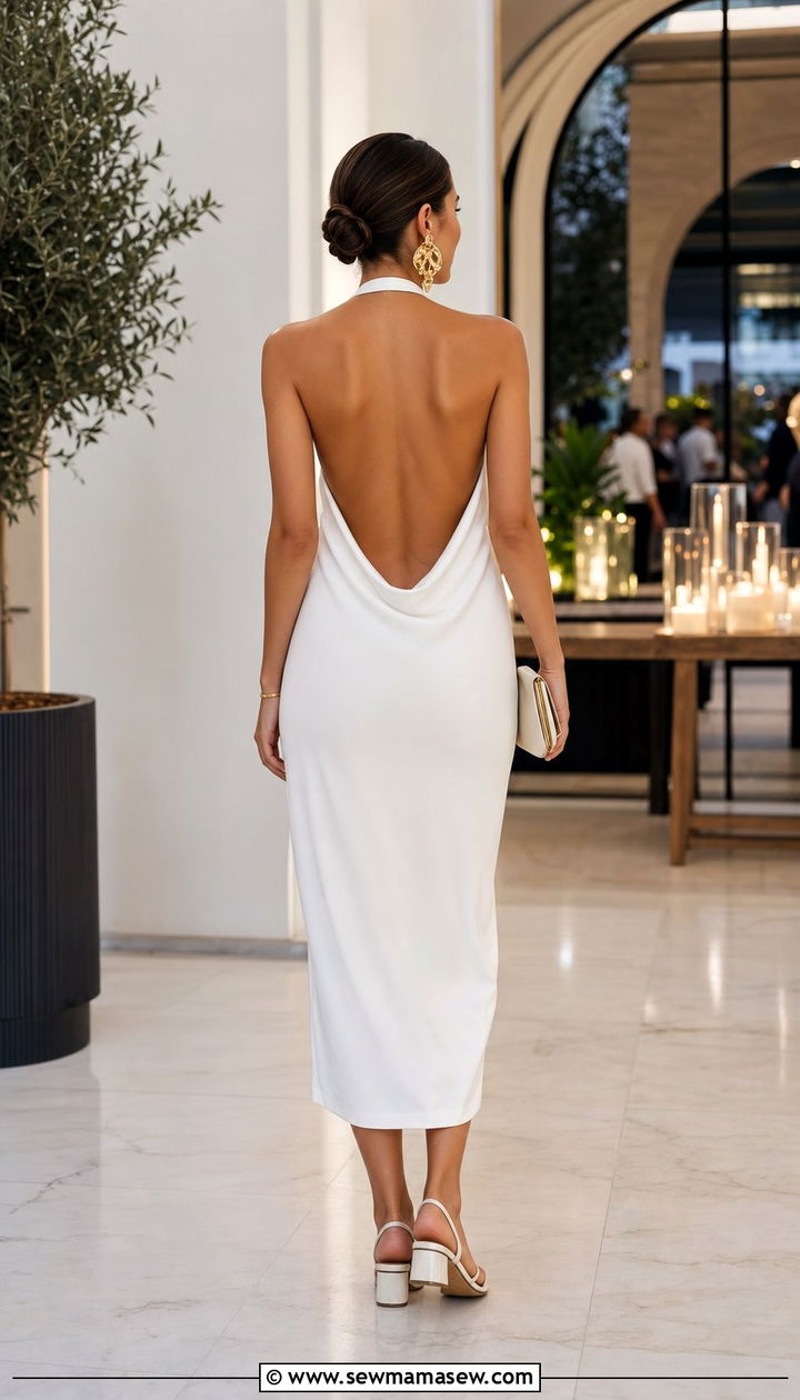 White Backless Midi Dress With Statement Earrings - 25 spring white dress outfit ideas