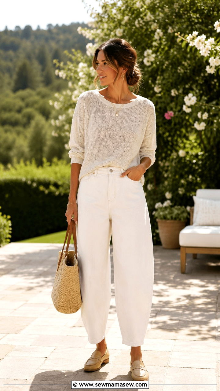 White Barrel Jeans With Light Knit And Neutral Loafers - 25 Barrel jeans outfit ideas with loafers