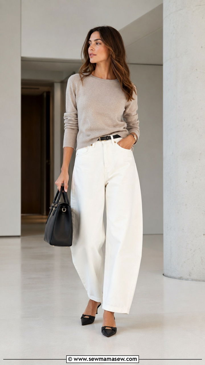 White Barrel Leg Jeans With Kitten Heels - 25 White jeans outfit ideas with heels