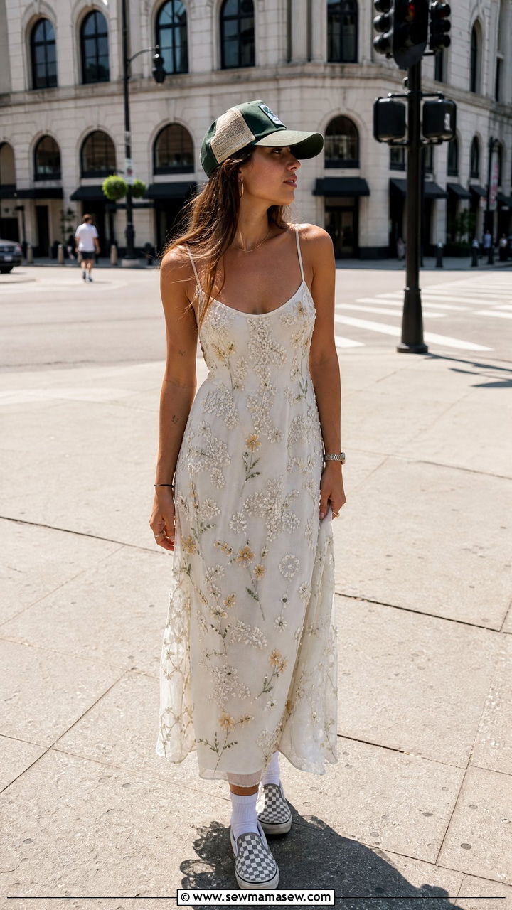 White Beaded Maxi Dress With Checkerboard Vans and Vintage Trucker Hat - 35 Gigi Hadid summer outfit ideas