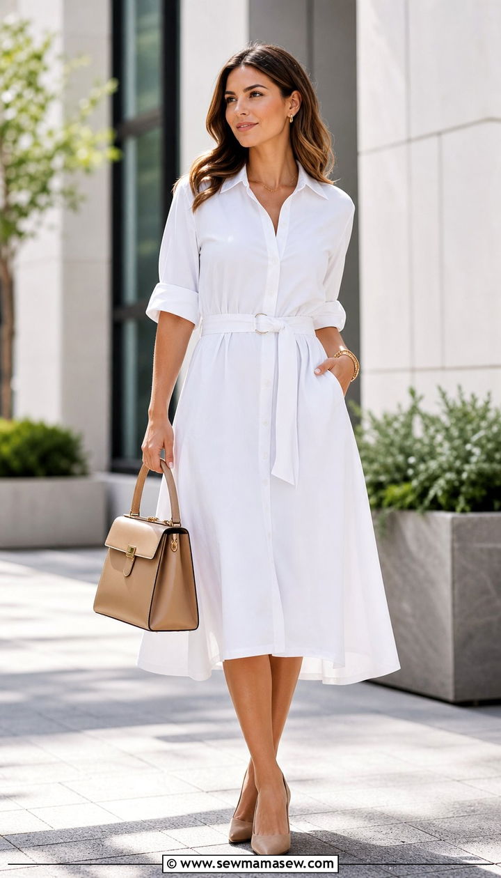 White Belted Shirt Dress With Structured Bag - 25 spring white dress outfit ideas