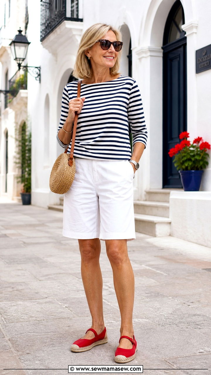 White Bermuda Shorts and Striped Cotton Jersey Top - 40 Summer outfit ideas for women over 50 2026