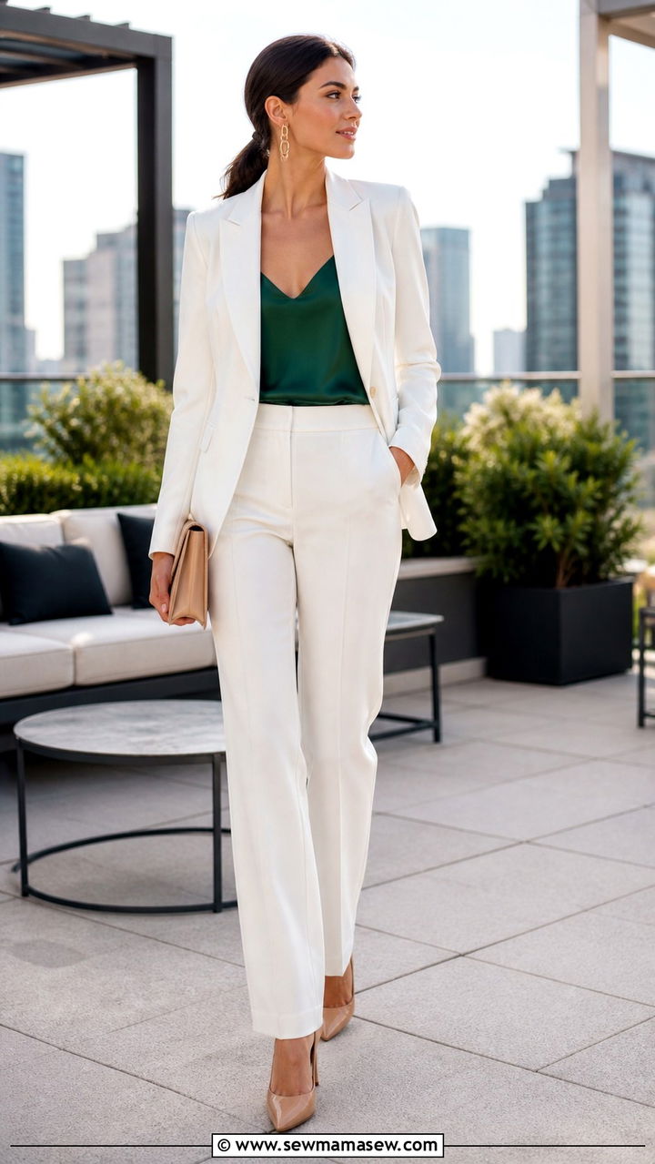 White Blazer And Trousers For Chic Anniversary Dinner - 20 anniversary dinner outfit ideas