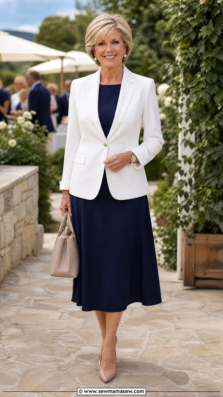 White Blazer Over Navy Midi Dress - 25 How to style a blazer over 50