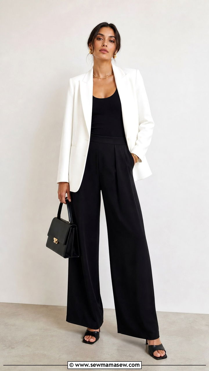White Blazer With Black Wide Leg Trousers And Mules - 40 blazer outfits