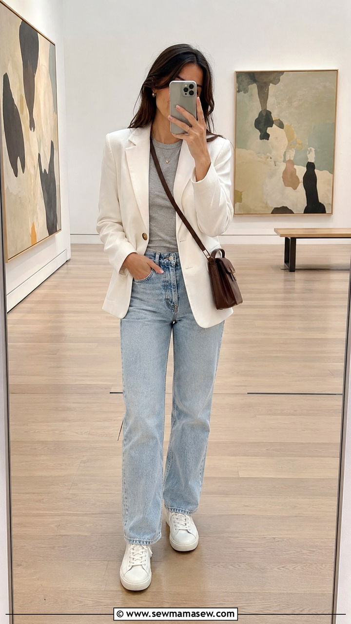 White Blazer With Light Wash High Rise Jeans - 30 classy preppy outfit ideas