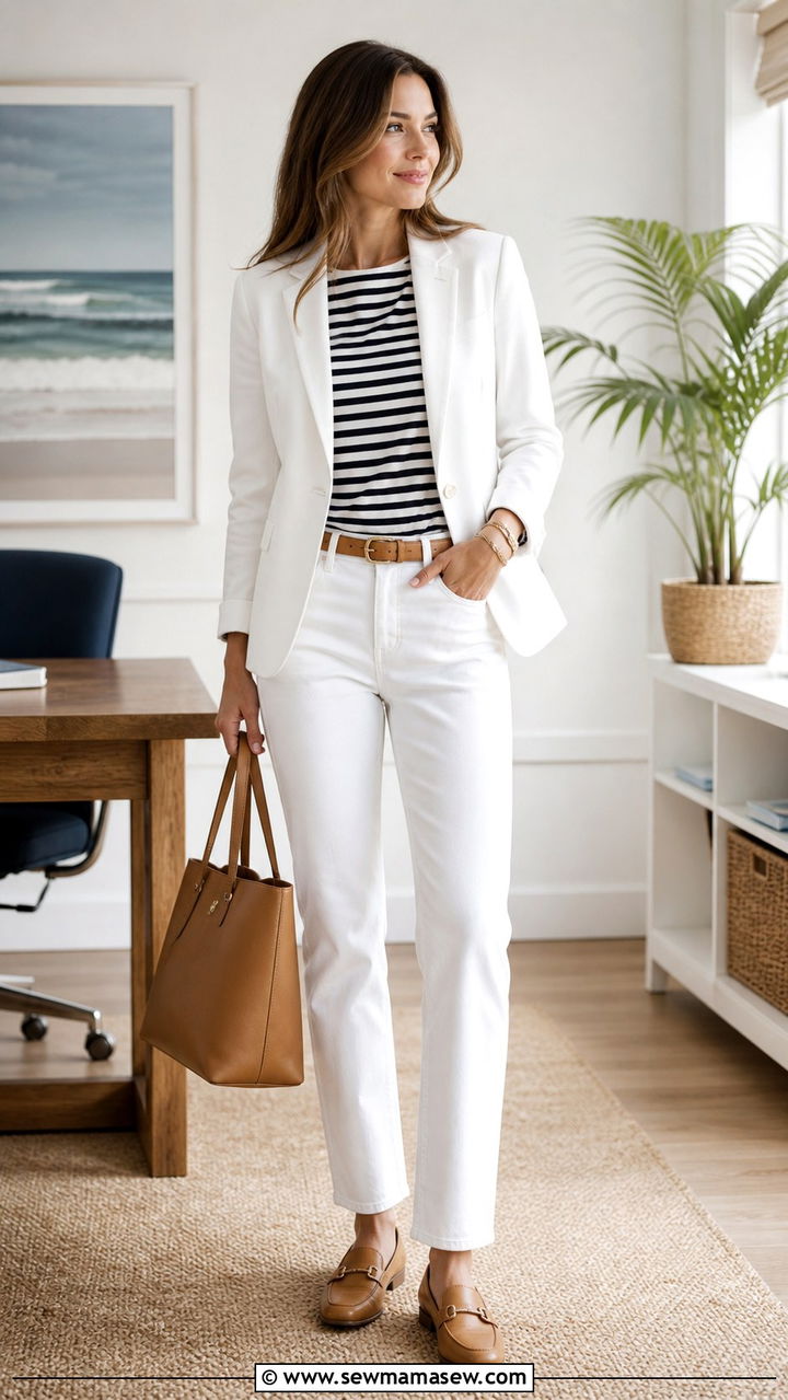 White Blazer With Navy Striped Top and White Jeans - 40 business casual outfits