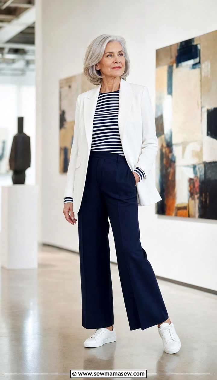 White Blazer With Striped Navy Tee and Wide Leg Navy Trousers - 35 Business casual outfits for women over 60