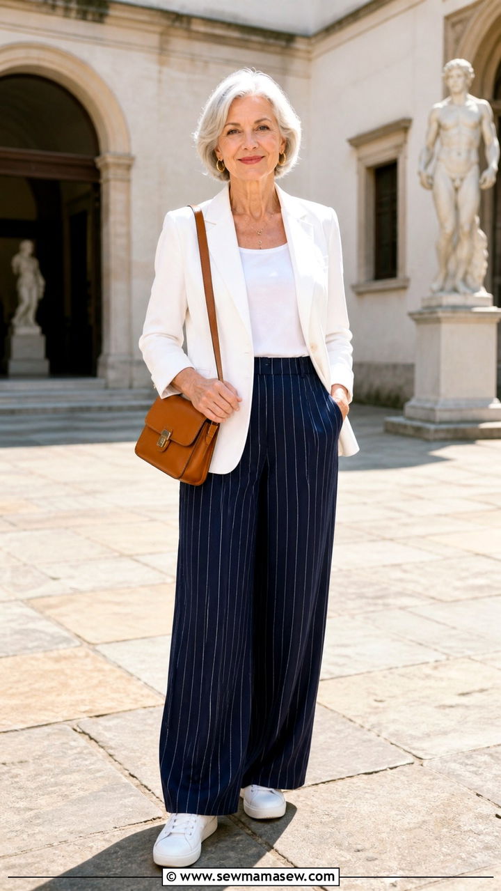 White Blazer With Striped Trousers - 20 Birthday outfits for women over 60