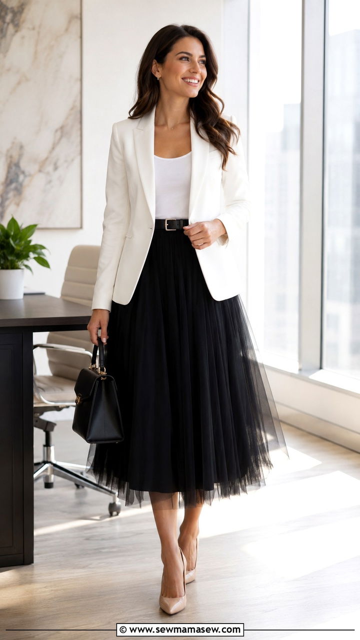 White Blazer With Tulle Skirt - 20 Tulle skirt outfit ideas with a blazer