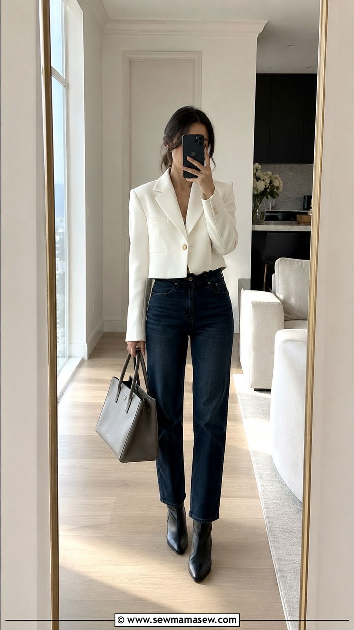 White Blazer and Dark Denim With Ankle Boots - 30 Old money outfits for petite women