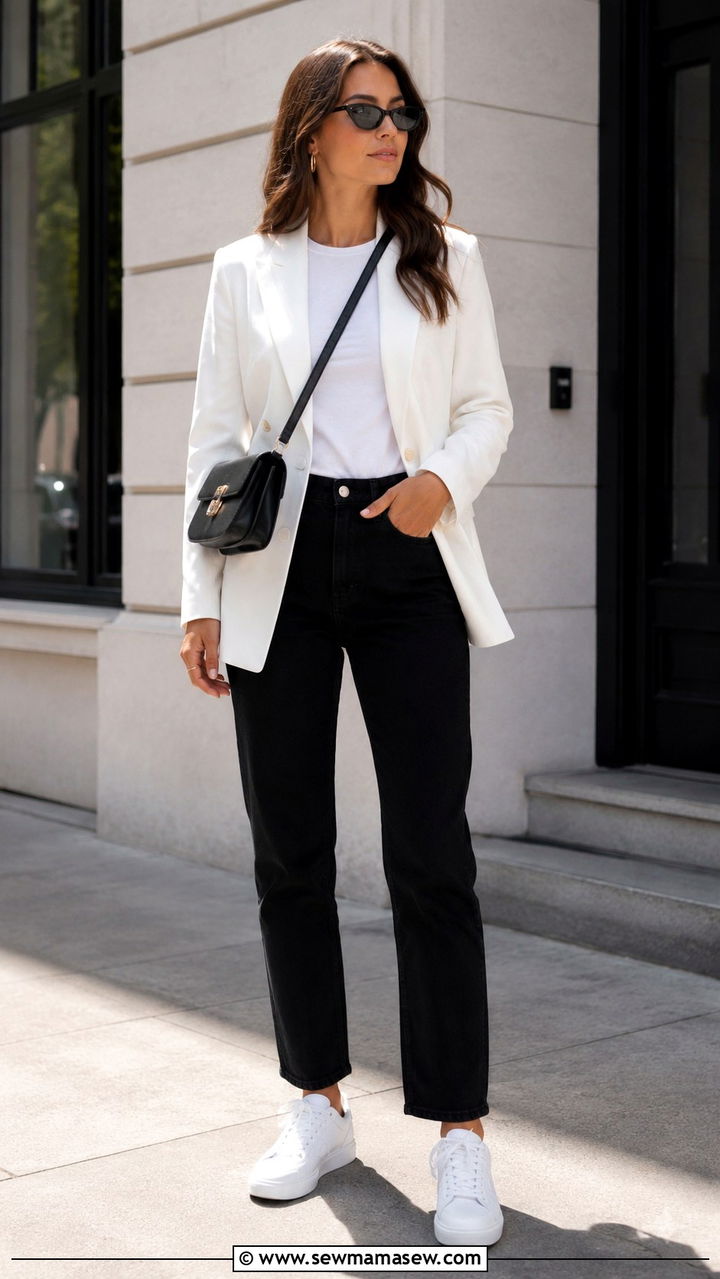 White Blazer with Black Jeans and Sneakers - 25 Black jeans outfit ideas with a blazer