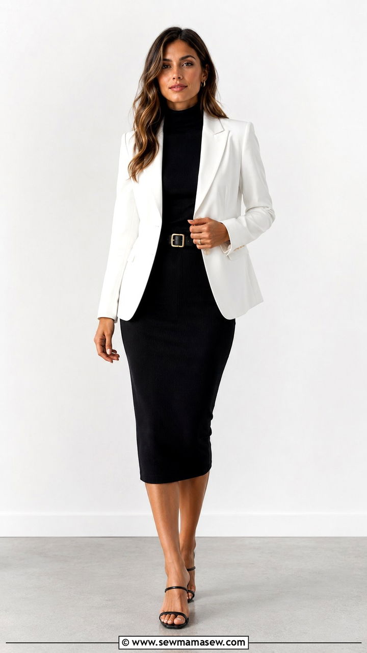 White Blazer with Black Pencil Skirt - 30 Pencil skirt outfit ideas with a blazer