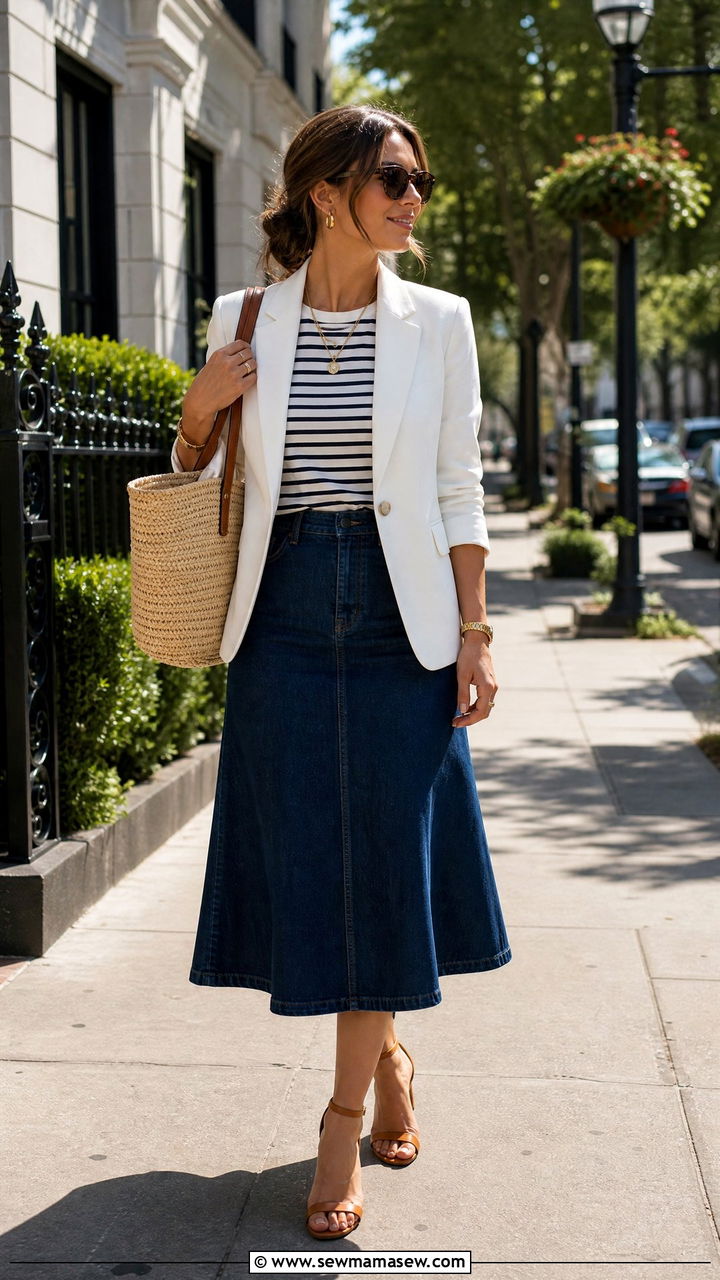 White Blazer with Denim Skirt Outfit - 25 Business casual outfits with blazer