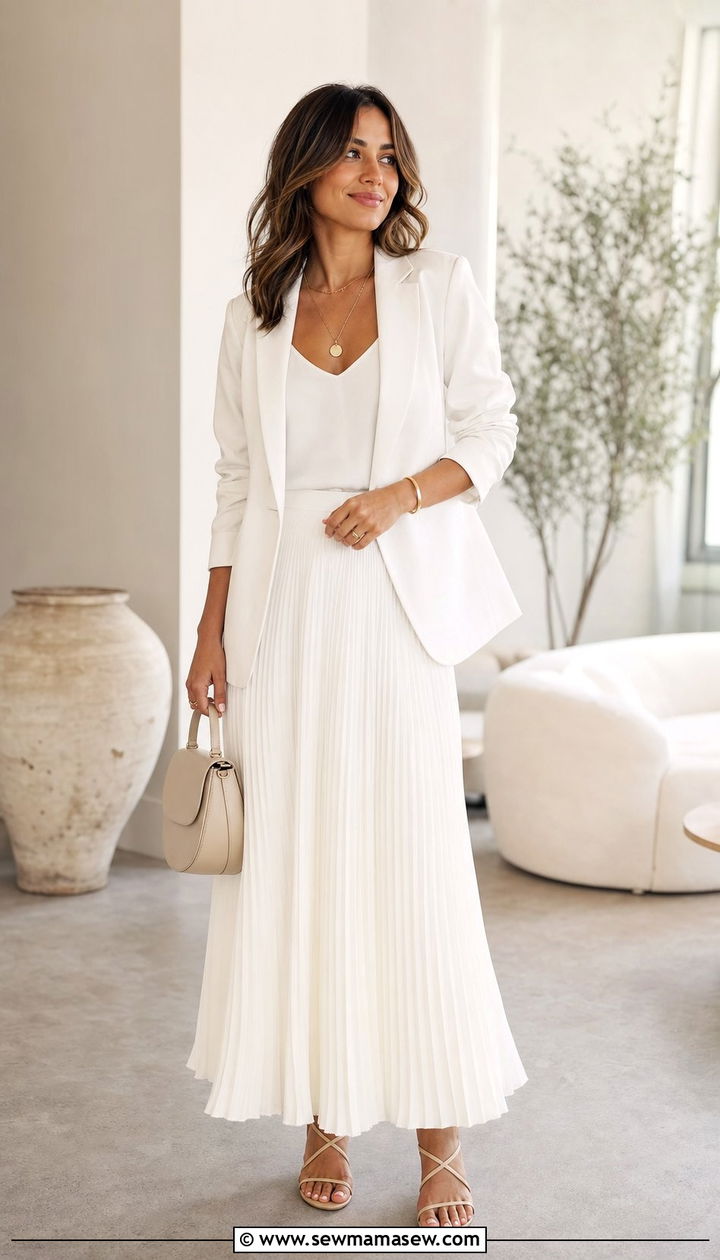 White Blazer with Flowy Pleated Maxi Skirt - 25 cute romantic outfits