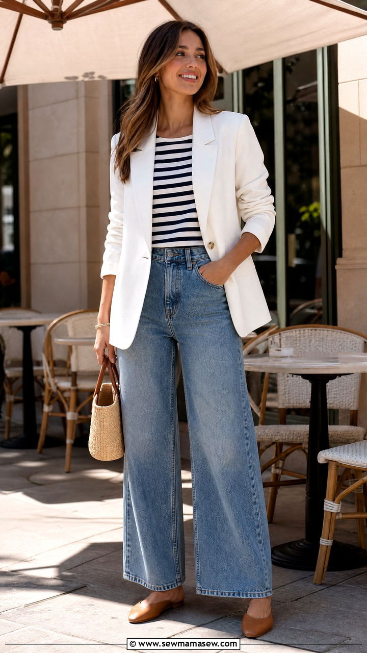 White Blazer with Wide Leg Jeans and a Striped Top - 25 chic blazer outfit ideas