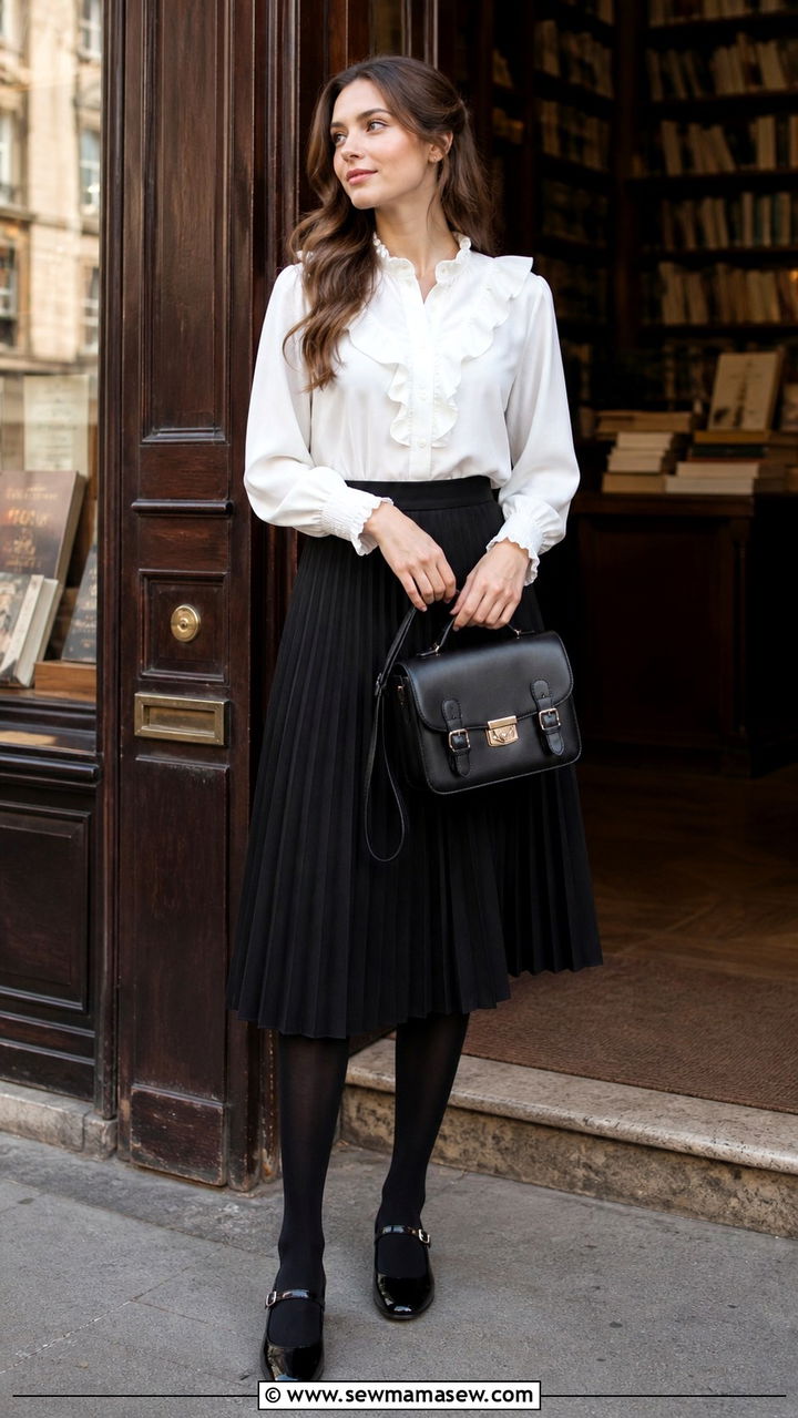 White Blouse With Black Pleated Skirt And Mary Janes - 40 light academia outfits for women