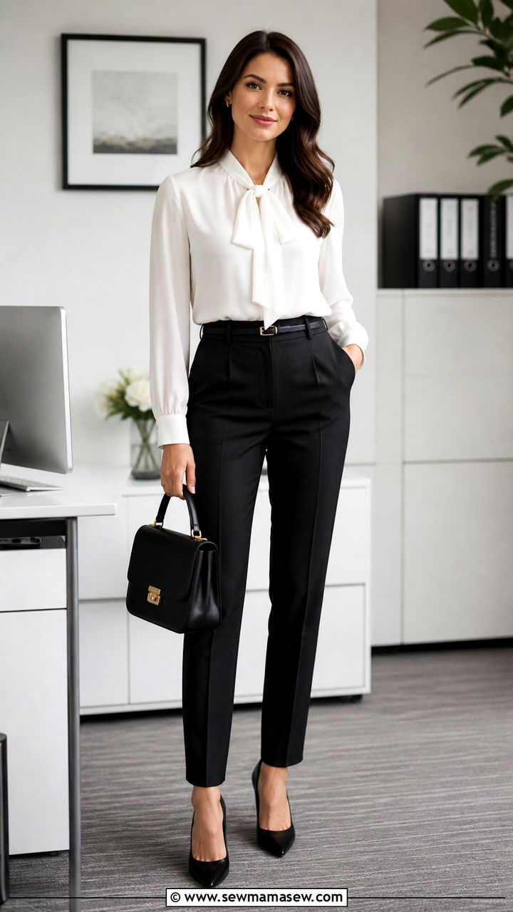 White Blouse With Black Tailored Trousers and Pointed Pumps - 40 French girl outfits ideas