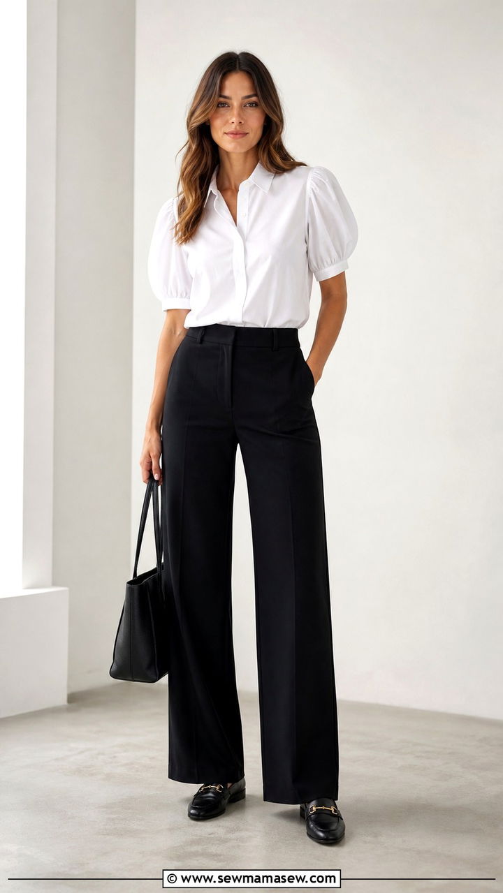 White Blouse With Black Wide Leg Trousers And Loafers - 40 casual work outfits