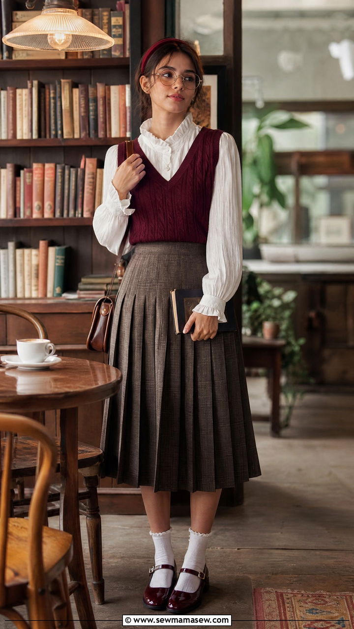 White Blouse With Knit Vest And Pleated Skirt - 25 classy librarian core outfits