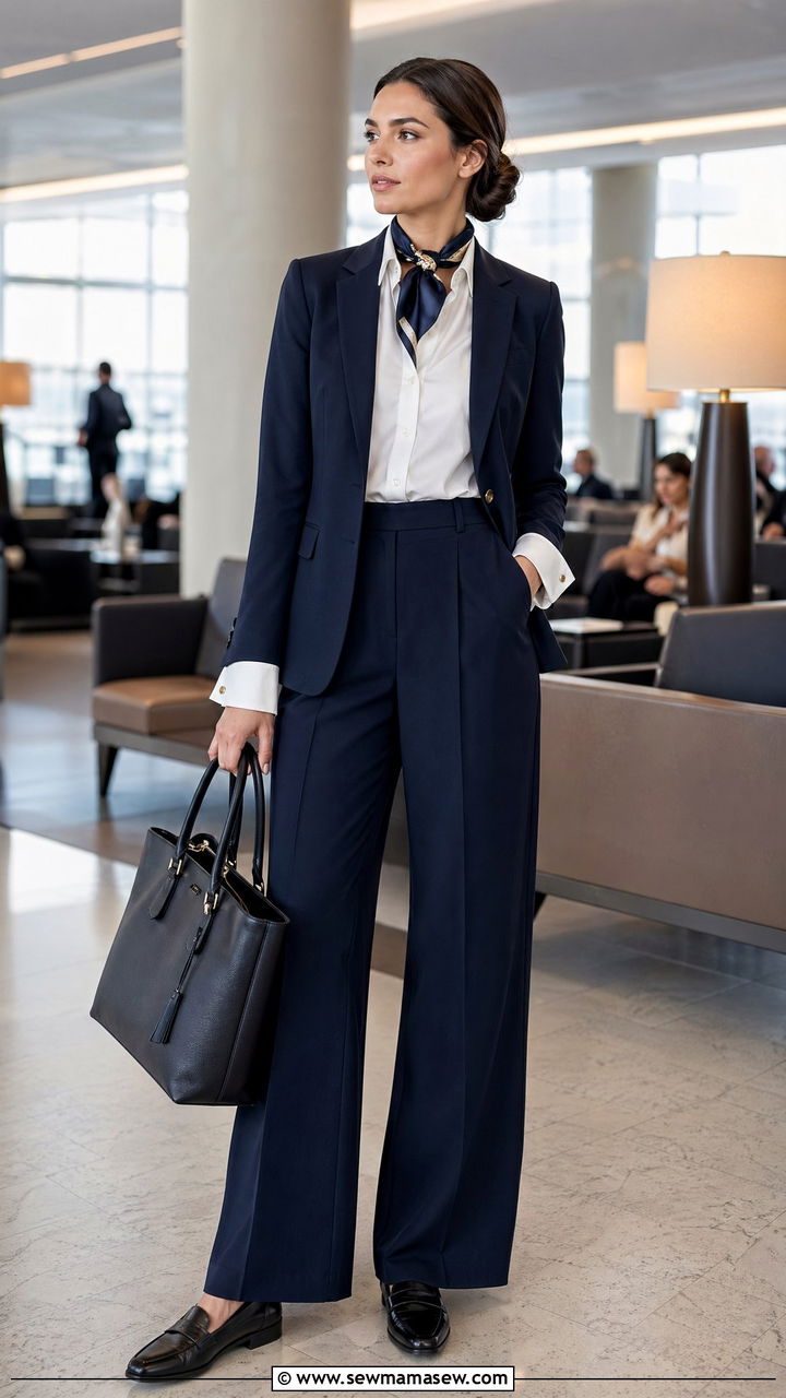 White Blouse With Navy Wide Leg Trousers - 35 Flight attendant outfit ideas