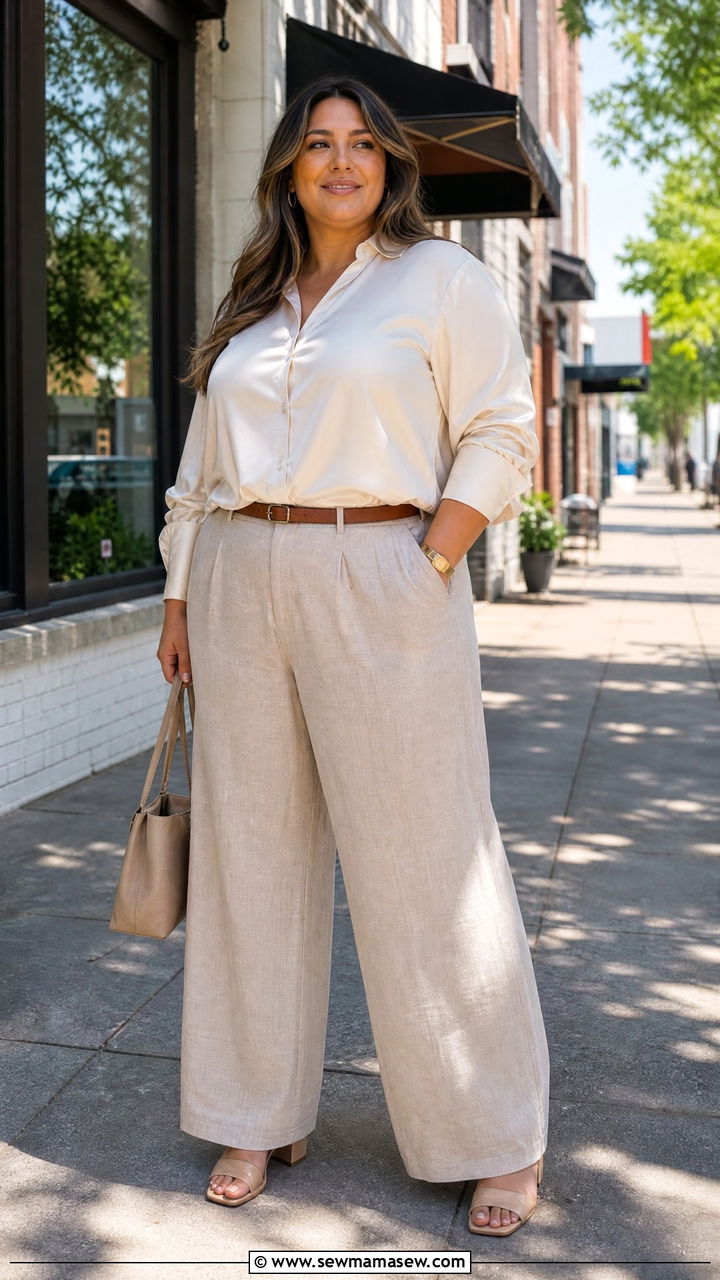 White Blouse and Beige Linen Pants - 25 Linen pants outfit ideas plus size
