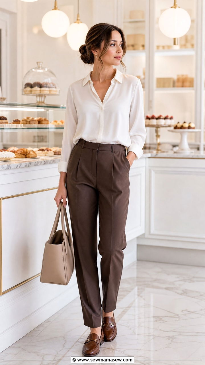 White Blouse and Brown Suit Pants Outfit - 20 Baker outfit ideas