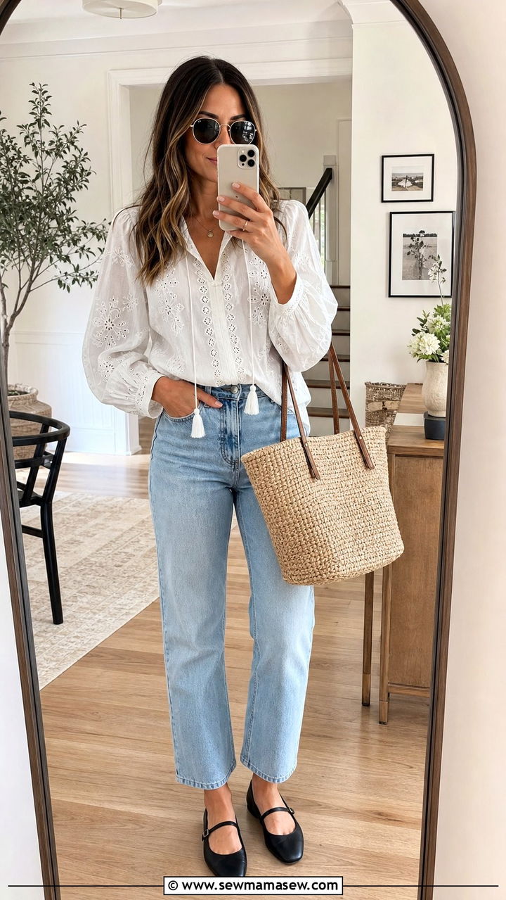 White Blouse and Straight Leg Jeans with Ballet Flats - 25 Spring outfits with ballet flats